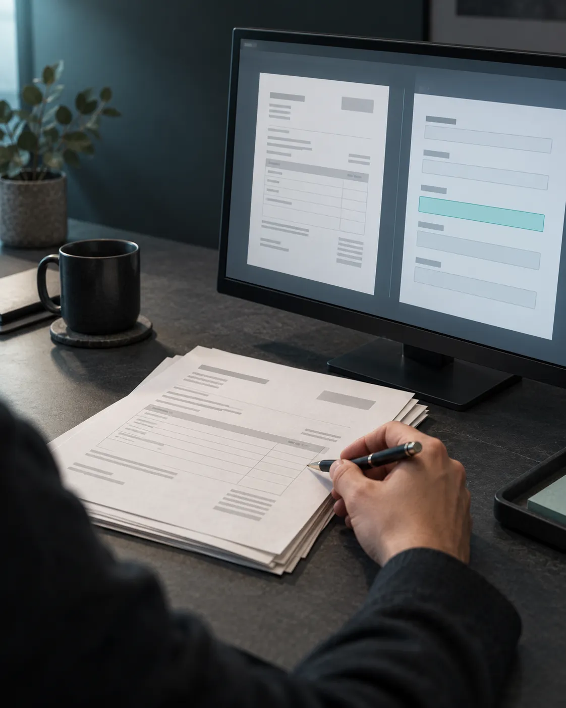 Illustration of a person checking a paper document against extracted fields on a screen.